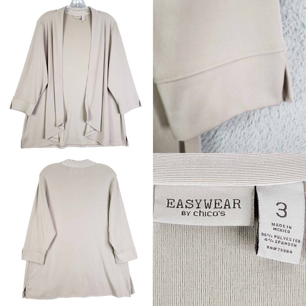 Easywear By Chicos Knit Cardigan Open Front Beige Tan Size 3 US XL LS